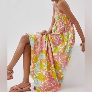 SWF Anthropologie En-Flowered Midi Spaghetti Strap Dress